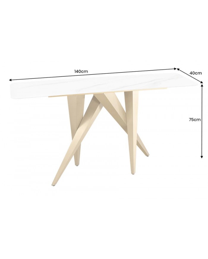 Console 140cm en céramique plateau en marbre blanc avec cadre doré CELENIA