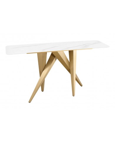 Console 140cm en céramique plateau en marbre blanc avec cadre doré CELENIA