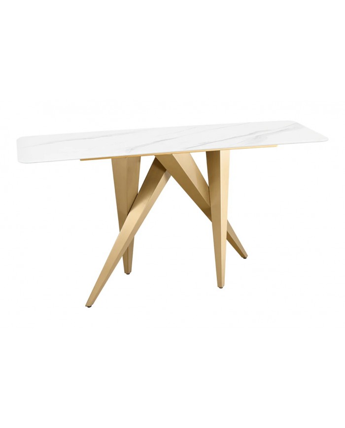 Console 140cm en céramique plateau en marbre blanc avec cadre doré CELENIA