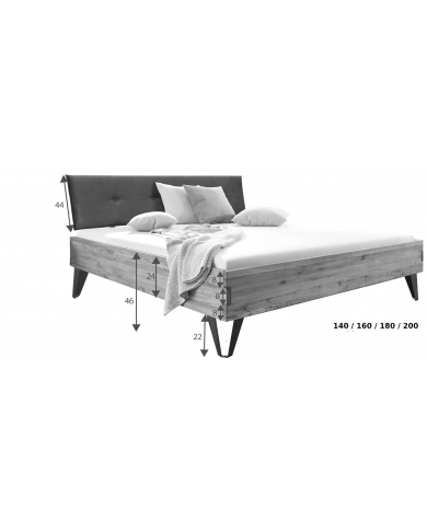Lit Chêne Sauvage à tête de lit tapissée pieds design métal Collection Lithium