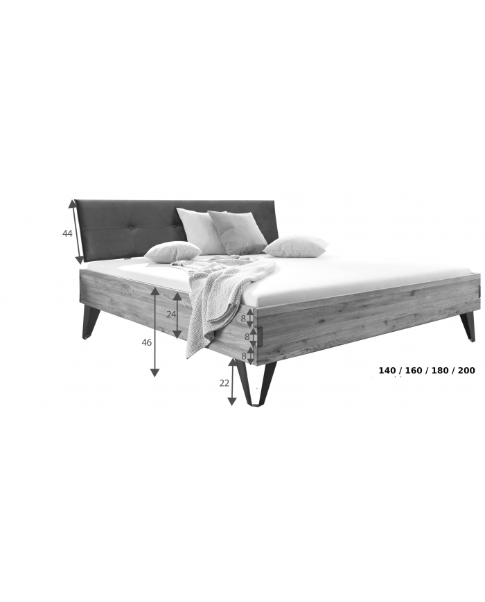 Lit Chêne Sauvage à tête de lit tapissée pieds design métal Collection Lithium