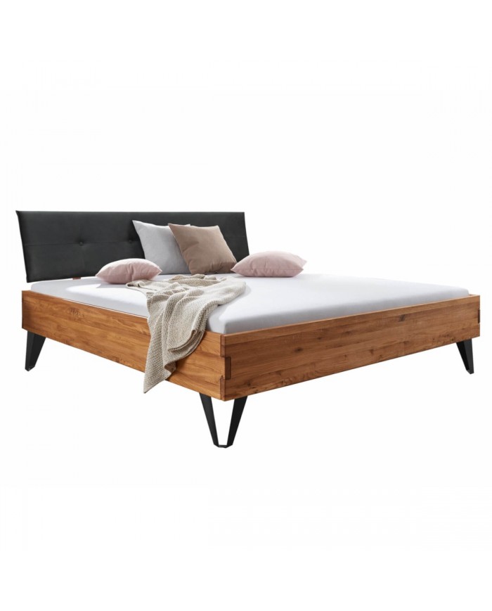 Lit Chêne Sauvage à tête de lit tapissée pieds design métal Collection Lithium