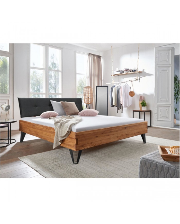 Lit Chêne Sauvage à tête de lit tapissée pieds design métal Collection Lithium