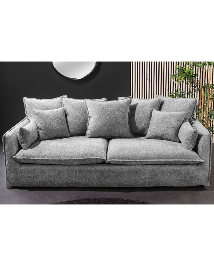 Canapé 3 places 200 cm en tissu bouclé gris CELESTIA - Déhoussable, confort à ressorts