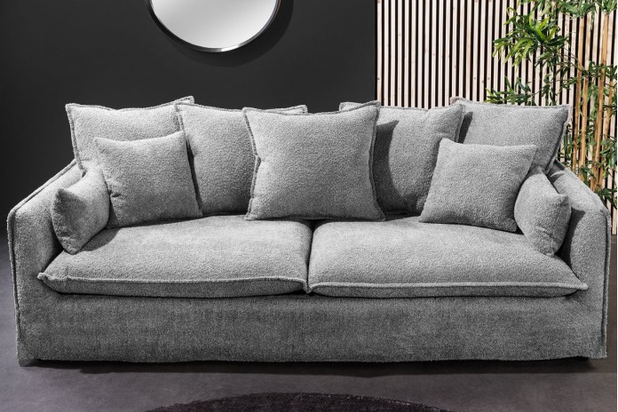 Canapé 3 places 200 cm en tissu bouclé gris CELESTIA - Déhoussable, confort à ressorts