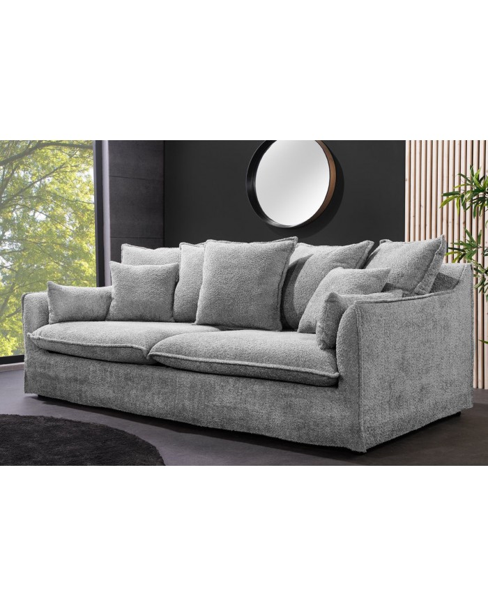 Canapé 3 places 200 cm en tissu bouclé gris CELESTIA - Déhoussable, confort à ressorts