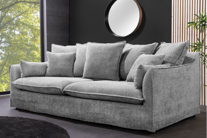 Canapé 3 places 200 cm en tissu bouclé gris CELESTIA - Déhoussable, confort à ressorts