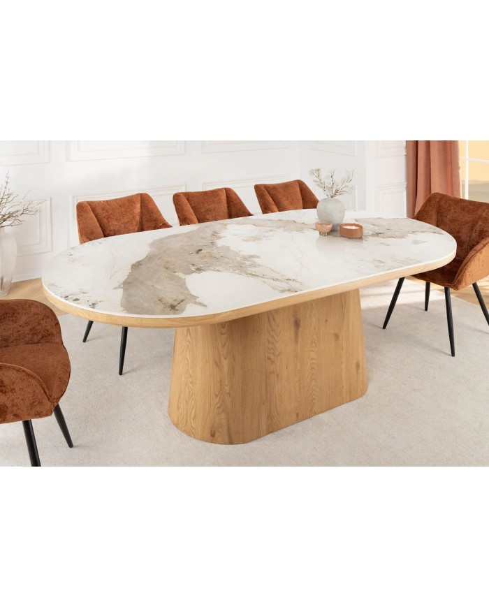 Table à manger design Marbella 200 cm – Plateau céramique effet marbre blanc, pied bois noyer, forme ovale