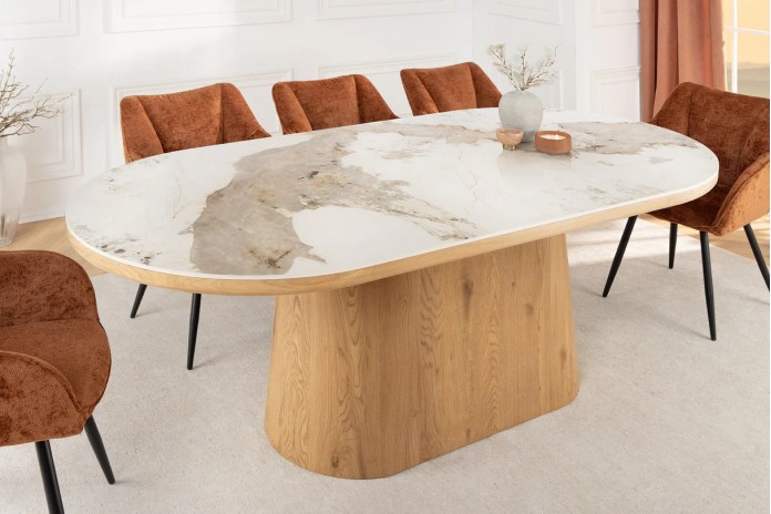 Table à manger design Marbella 200 cm – Plateau céramique effet marbre blanc, pied bois noyer, forme ovale