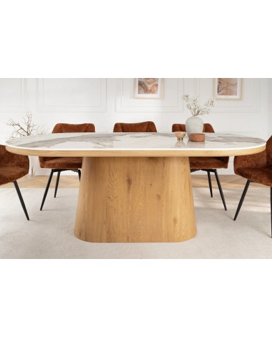 Table à manger design Marbella 200 cm – Plateau céramique effet marbre blanc, pied bois noyer, forme ovale