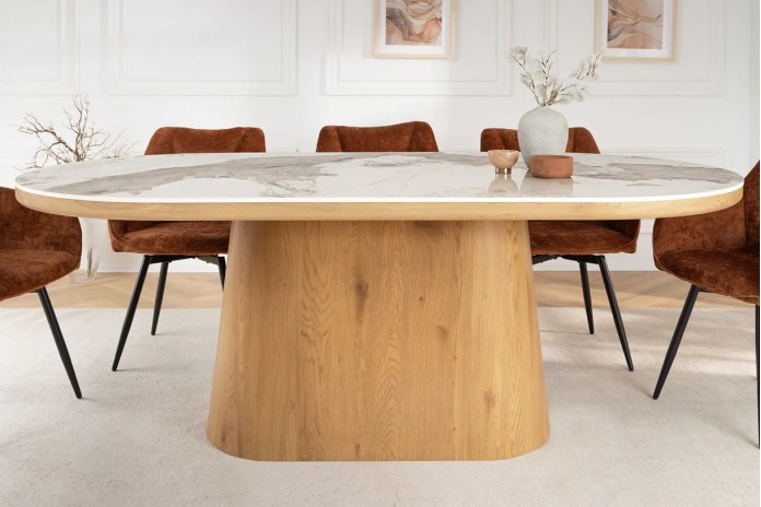 Table à manger design Marbella 200 cm – Plateau céramique effet marbre blanc, pied bois noyer, forme ovale