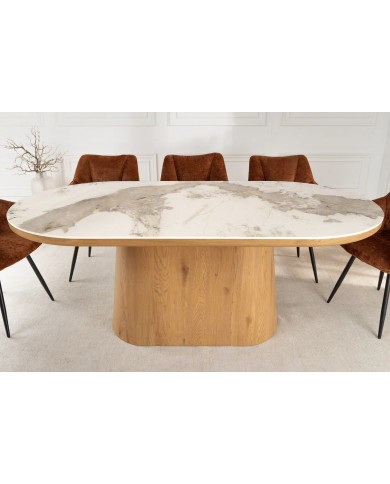 Table à manger design Marbella 200 cm – Plateau céramique effet marbre blanc, pied bois noyer, forme ovale