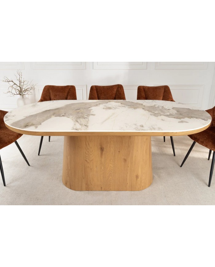 Table à manger design Marbella 200 cm – Plateau céramique effet marbre blanc, pied bois noyer, forme ovale
