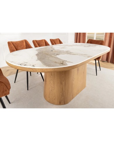 Table à manger design Marbella 200 cm – Plateau céramique effet marbre blanc, pied bois noyer, forme ovale