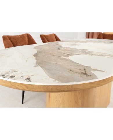 Table à manger design Marbella 200 cm – Plateau céramique effet marbre blanc, pied bois noyer, forme ovale
