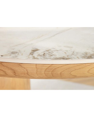 Table à manger design Marbella 200 cm – Plateau céramique effet marbre blanc, pied bois noyer, forme ovale