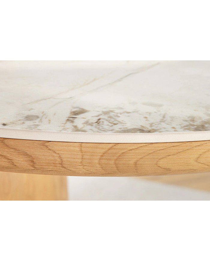 Table à manger design Marbella 200 cm – Plateau céramique effet marbre blanc, pied bois noyer, forme ovale