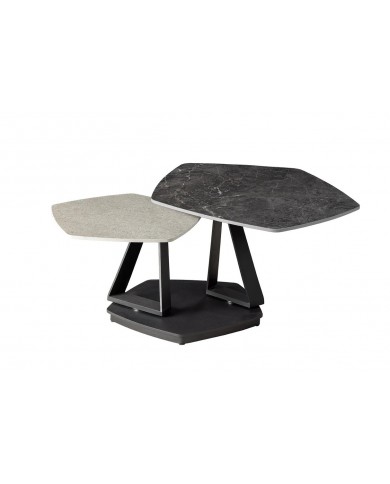 Table basse SFERA 80-130 cm – Plateau pivotant céramique aspect marbre gris & anthracite – Design modulable et contemporain