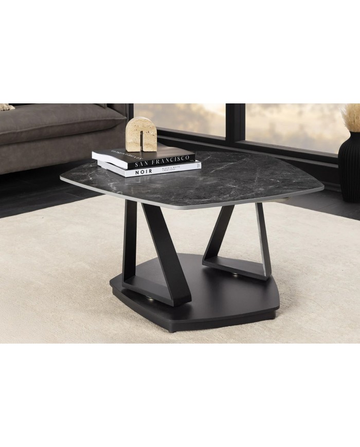 Table basse SFERA 80-130 cm – Plateau pivotant céramique aspect marbre gris & anthracite – Design modulable et contemporain