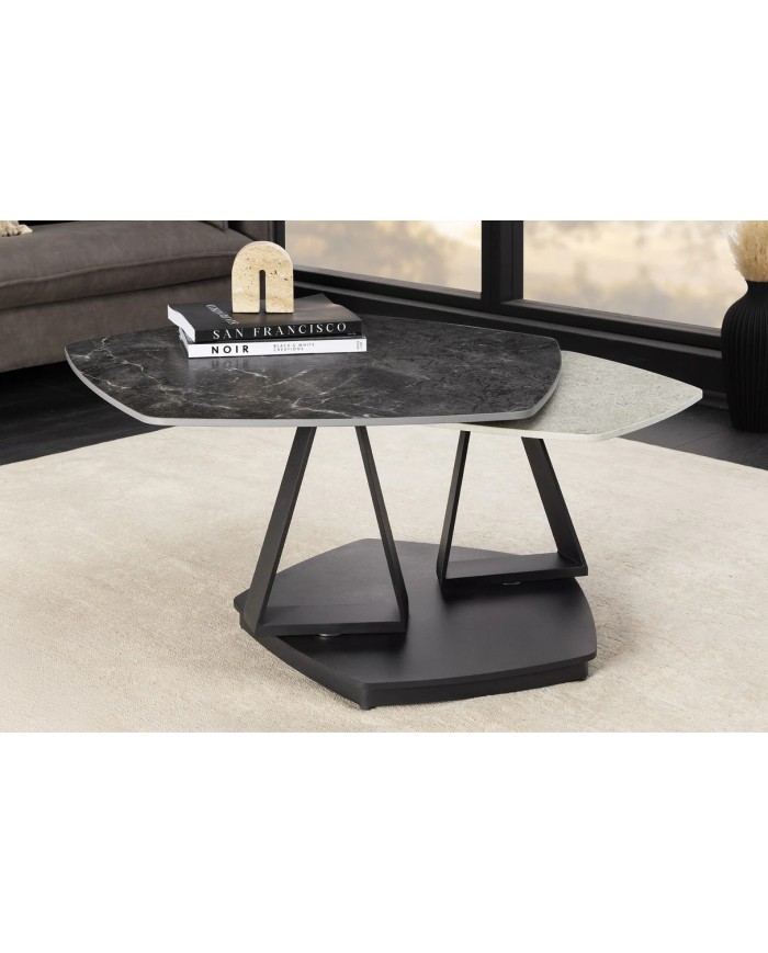 Table basse SFERA 80-130 cm – Plateau pivotant céramique aspect marbre gris & anthracite – Design modulable et contemporain