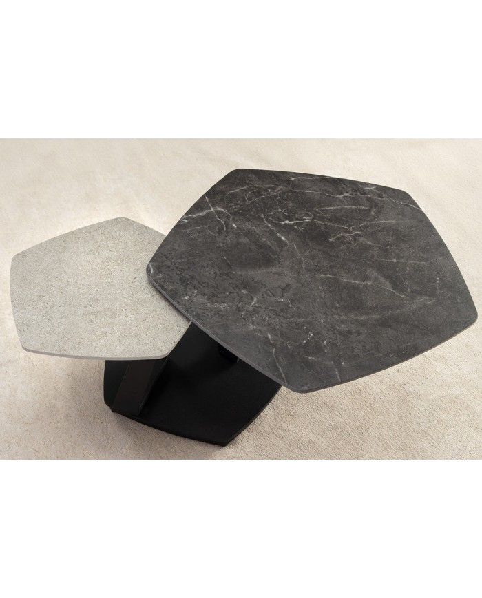 Table basse SFERA 80-130 cm – Plateau pivotant céramique aspect marbre gris & anthracite – Design modulable et contemporain