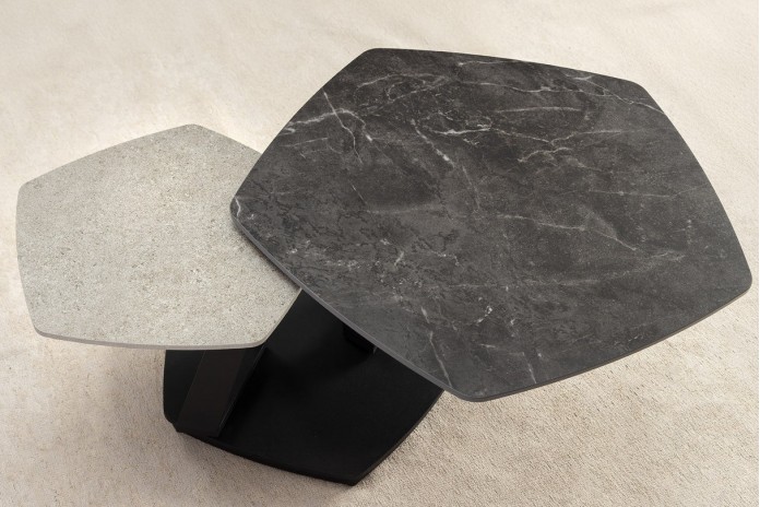 Table basse SFERA 80-130 cm – Plateau pivotant céramique aspect marbre gris & anthracite – Design modulable et contemporain