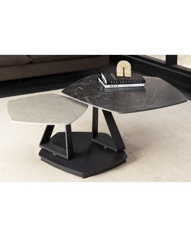 Table basse SFERA 80-130 cm – Plateau pivotant céramique aspect marbre gris & anthracite – Design modulable et contemporain