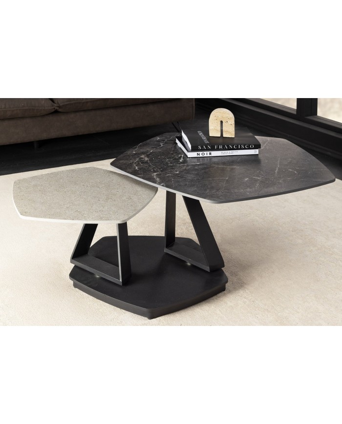 Table basse SFERA 80-130 cm – Plateau pivotant céramique aspect marbre gris & anthracite – Design modulable et contemporain
