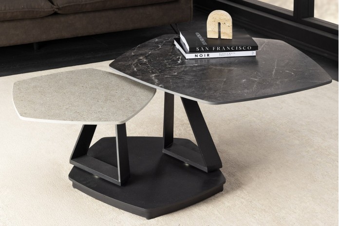 Table basse SFERA 80-130 cm – Plateau pivotant céramique aspect marbre gris & anthracite – Design modulable et contemporain