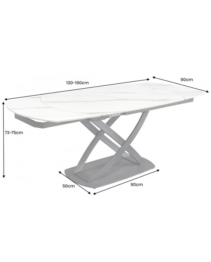 Table à manger extensible ovale EXTENSIO 130-190 cm – Plateau céramique effet marbre blanc design moderne