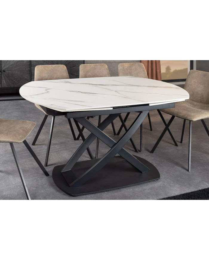 Table à manger extensible ovale EXTENSIO 130-190 cm – Plateau céramique effet marbre blanc design moderne