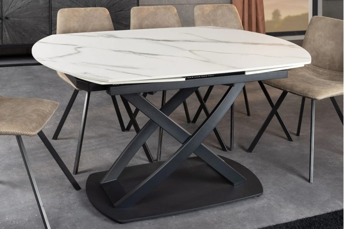 Table à manger extensible ovale EXTENSIO 130-190 cm – Plateau céramique effet marbre blanc design moderne