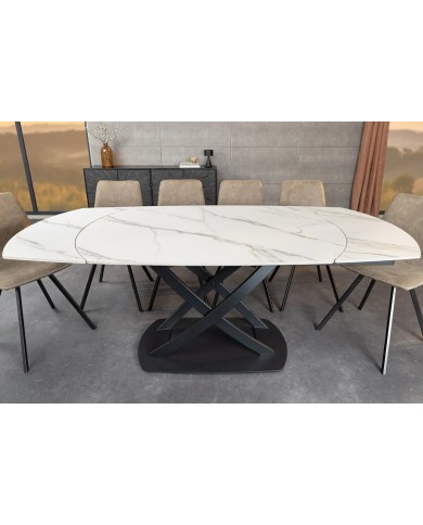 Table à manger extensible ovale EXTENSIO 130-190 cm – Plateau céramique effet marbre blanc design moderne