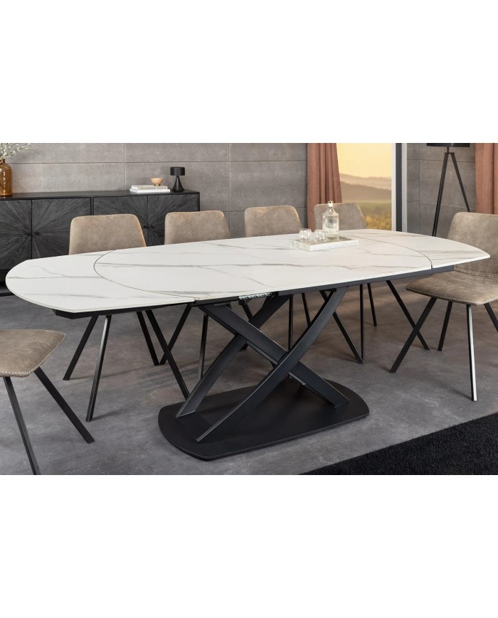 Table à manger extensible ovale EXTENSIO 130-190 cm – Plateau céramique effet marbre blanc design moderne