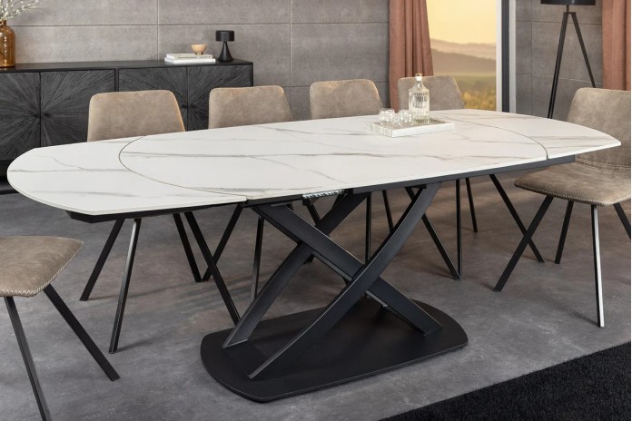 Table à manger extensible ovale EXTENSIO 130-190 cm – Plateau céramique effet marbre blanc design moderne