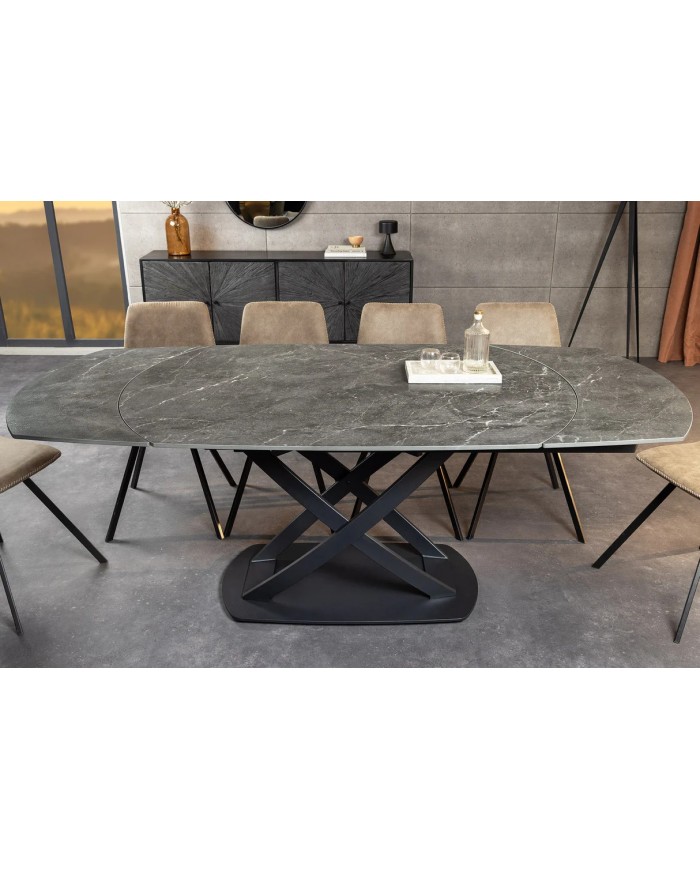 Table à manger extensible ovale EXTENSIO 130-190 cm – Plateau céramique effet marbre anthracite design moderne