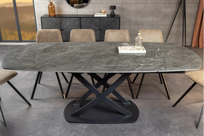 Table à manger extensible ovale EXTENSIO 130-190 cm – Plateau céramique effet marbre anthracite design moderne