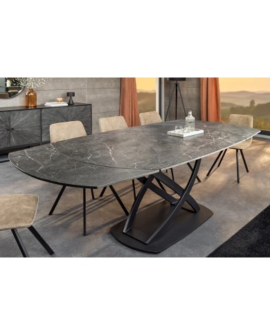 Table à manger extensible ovale EXTENSIO 130-190 cm – Plateau céramique effet marbre anthracite design moderne