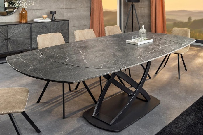 Table à manger extensible ovale EXTENSIO 130-190 cm – Plateau céramique effet marbre anthracite design moderne