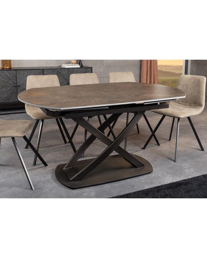 Table à manger extensible ovale EXTENSIO 130-190 cm – Plateau céramique aspect rouille et support en bronze design moderne