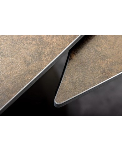 Table à manger extensible ovale EXTENSIO 130-190 cm – Plateau céramique aspect rouille et support en bronze design moderne