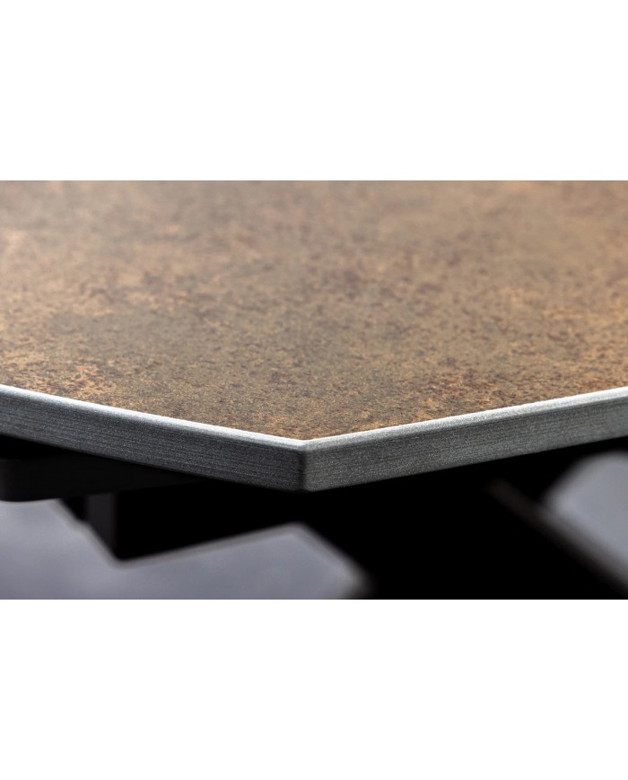 Table à manger extensible ovale EXTENSIO 130-190 cm – Plateau céramique aspect rouille et support en bronze design moderne