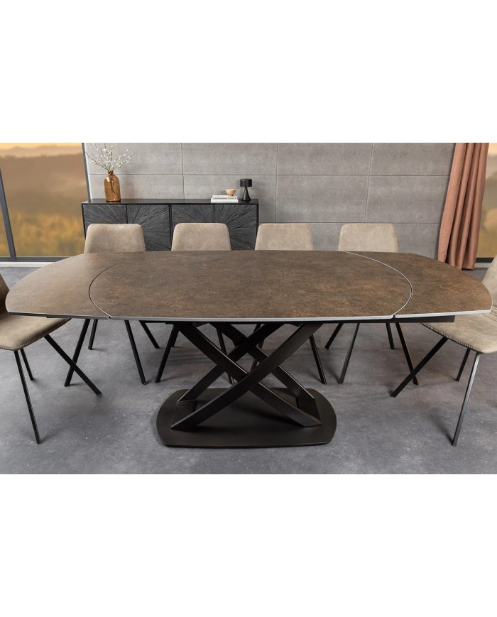 Table à manger extensible ovale EXTENSIO 130-190 cm – Plateau céramique aspect rouille et support en bronze design moderne