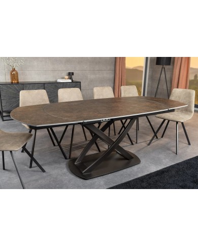 Table à manger extensible ovale EXTENSIO 130-190 cm – Plateau céramique aspect rouille et support en bronze design moderne