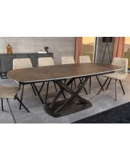 Table à manger extensible ovale EXTENSIO 130-190 cm – Plateau céramique aspect rouille et support en bronze design moderne
