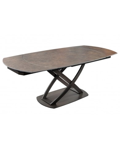 Table à manger extensible ovale EXTENSIO 130-190 cm – Plateau céramique aspect rouille et support en bronze design moderne