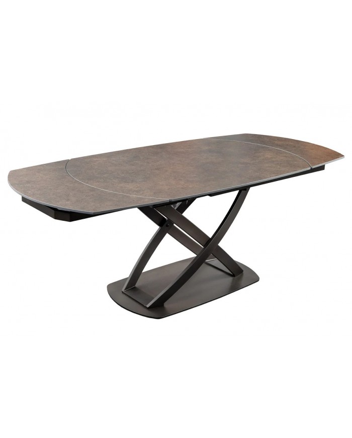 Table à manger extensible ovale EXTENSIO 130-190 cm – Plateau céramique aspect rouille et support en bronze design moderne