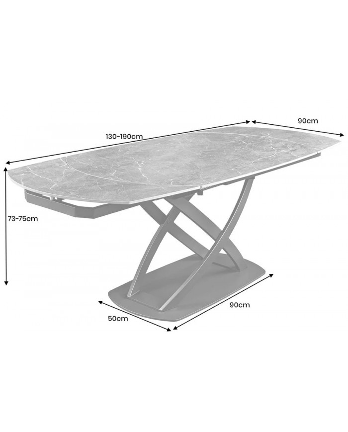 Table à manger extensible ovale EXTENSIO 130-190 cm – Plateau céramique aspect travertin et support couleur champagne design