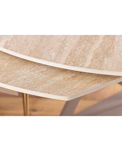 Table à manger extensible ovale EXTENSIO 130-190 cm – Plateau céramique aspect travertin et support couleur champagne design