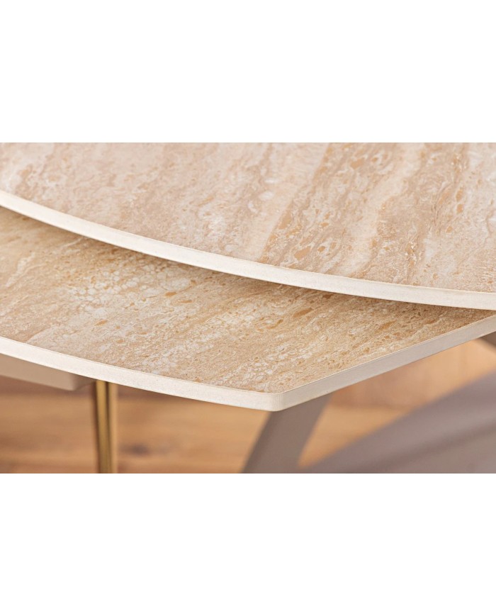 Table à manger extensible ovale EXTENSIO 130-190 cm – Plateau céramique aspect travertin et support couleur champagne design